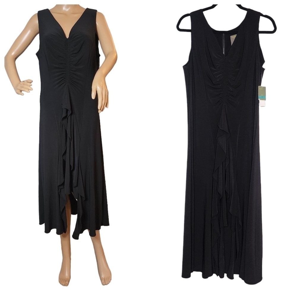 NWT Taylor black stretchy ruched ruffle sleeveless midi dress.  Women's size‎ 16